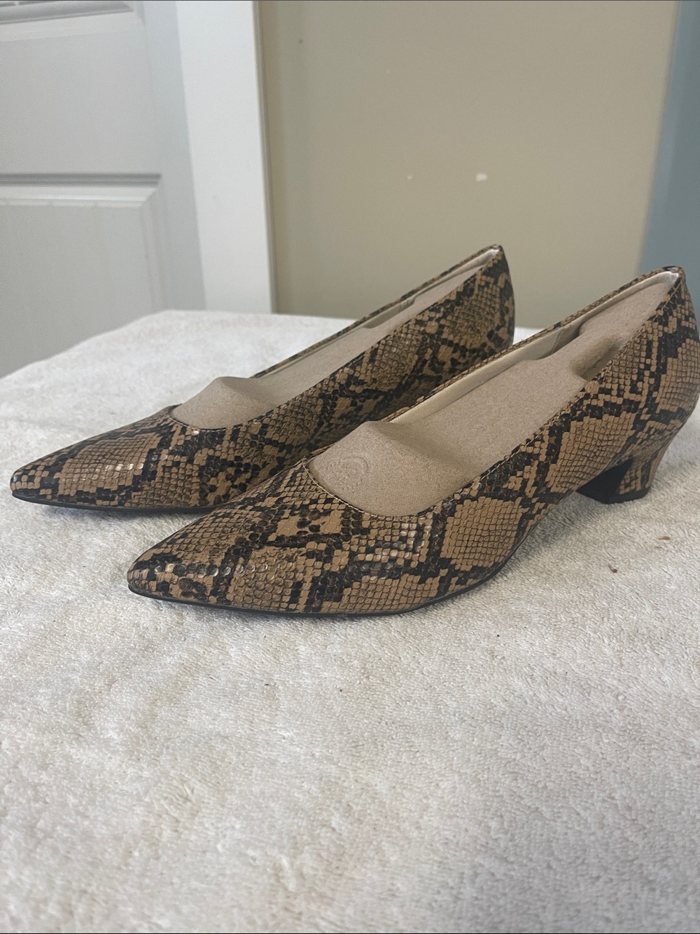 Life Stride Minx Women's Pointed Toe Low Heel Pumps in Snake Print Brown Wide